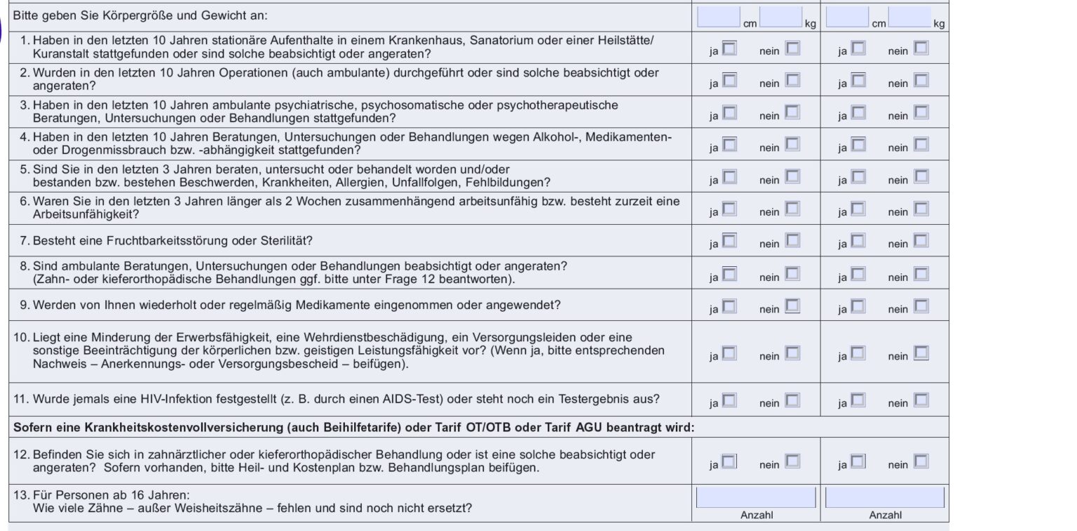Gesundheitsfragen im Antrag einer privaten Krankenversicherung, Beispiel 1 mit Zeiträumen und Abgrenzungen