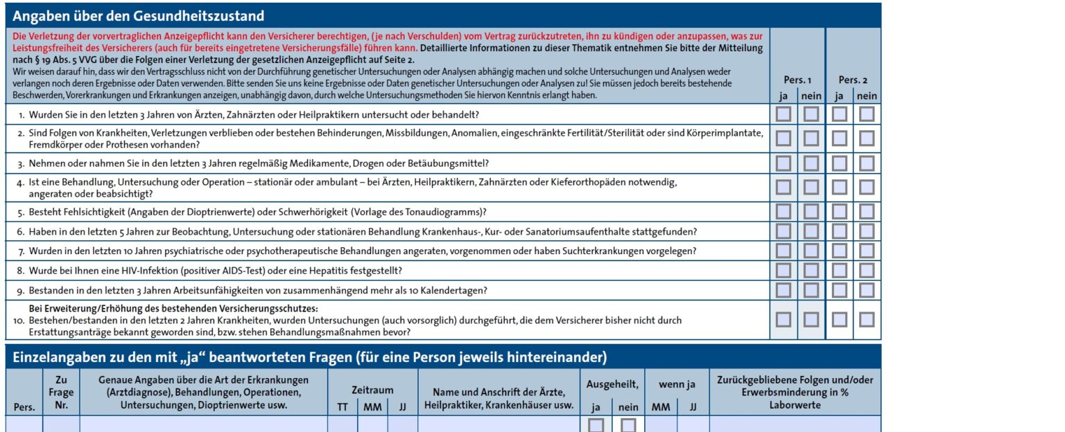 Gesundheitsfragen im Antrag einer anderen privaten Krankenversicherung, Beispiel 2 mit abweichender Formulierung