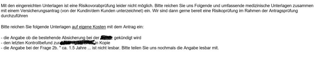 Rückfrage Versicherung auf anonyme Voranfrage