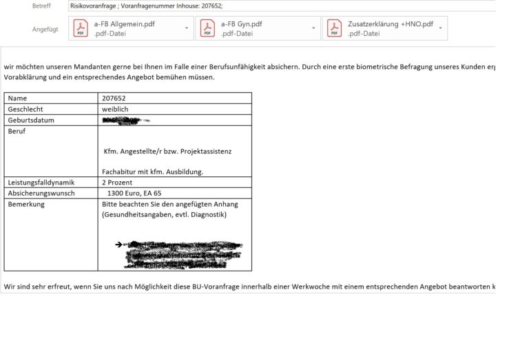 Anonyme Risikovoranfrage für eine Berufsunfähigkeitsversicherung – Ausschnitt der Anfrage