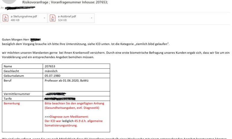 Anonyme Risikovoranfrage für eine private Krankenversicherung – Ausschnitt der Anfrage